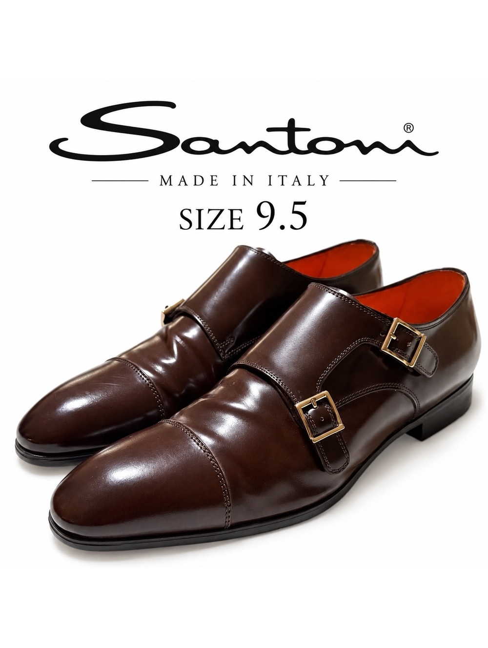 Santoni Men's Brown Leather Double Monk Strap Dress Shoes Size 9.5